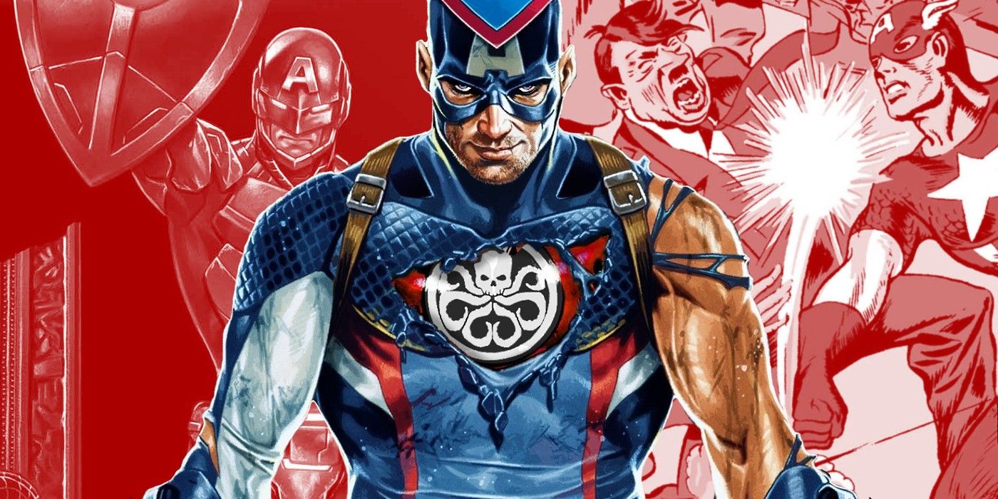 Captain America leans forward as he sports the Hydra symbol on his chest.