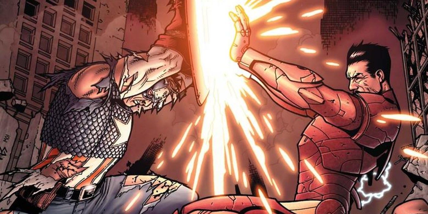 Captain America clashes with Iron Man in the Marvel Comics Civil War event.