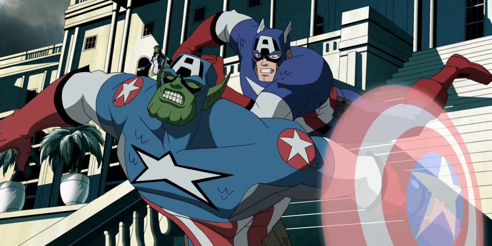 Captain America battling his Skrull doppleganger in Avengers: Earth's Mightiest Heroes