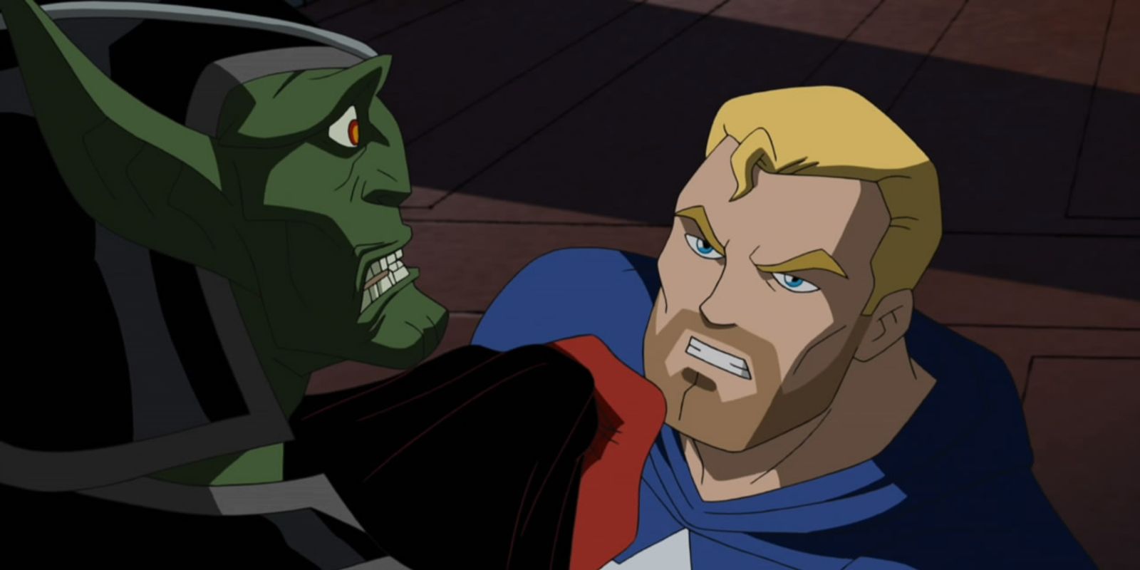 Captain America interrogating a Skrull in Avengers: Earth's Mightiest Heroes