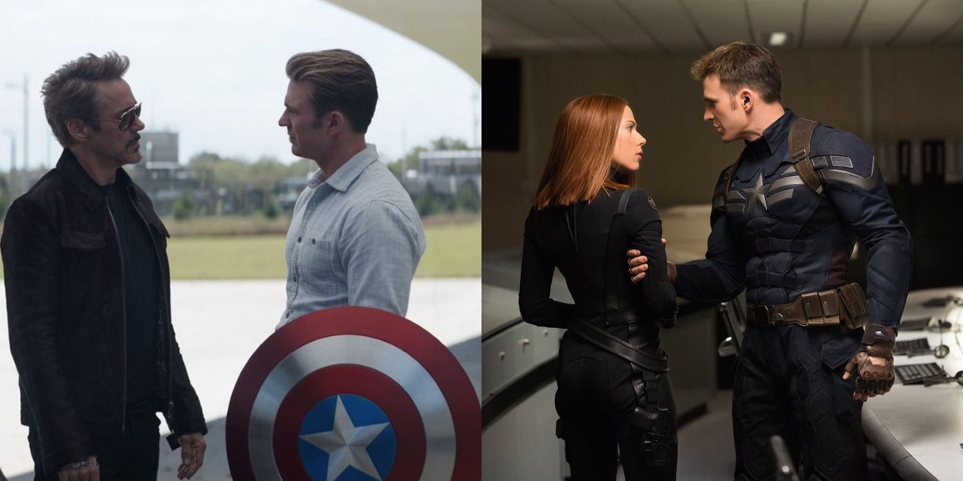 Split image of Tony Stark with Steve Rogers and Natasha Romanoff with Captain America in the MCU