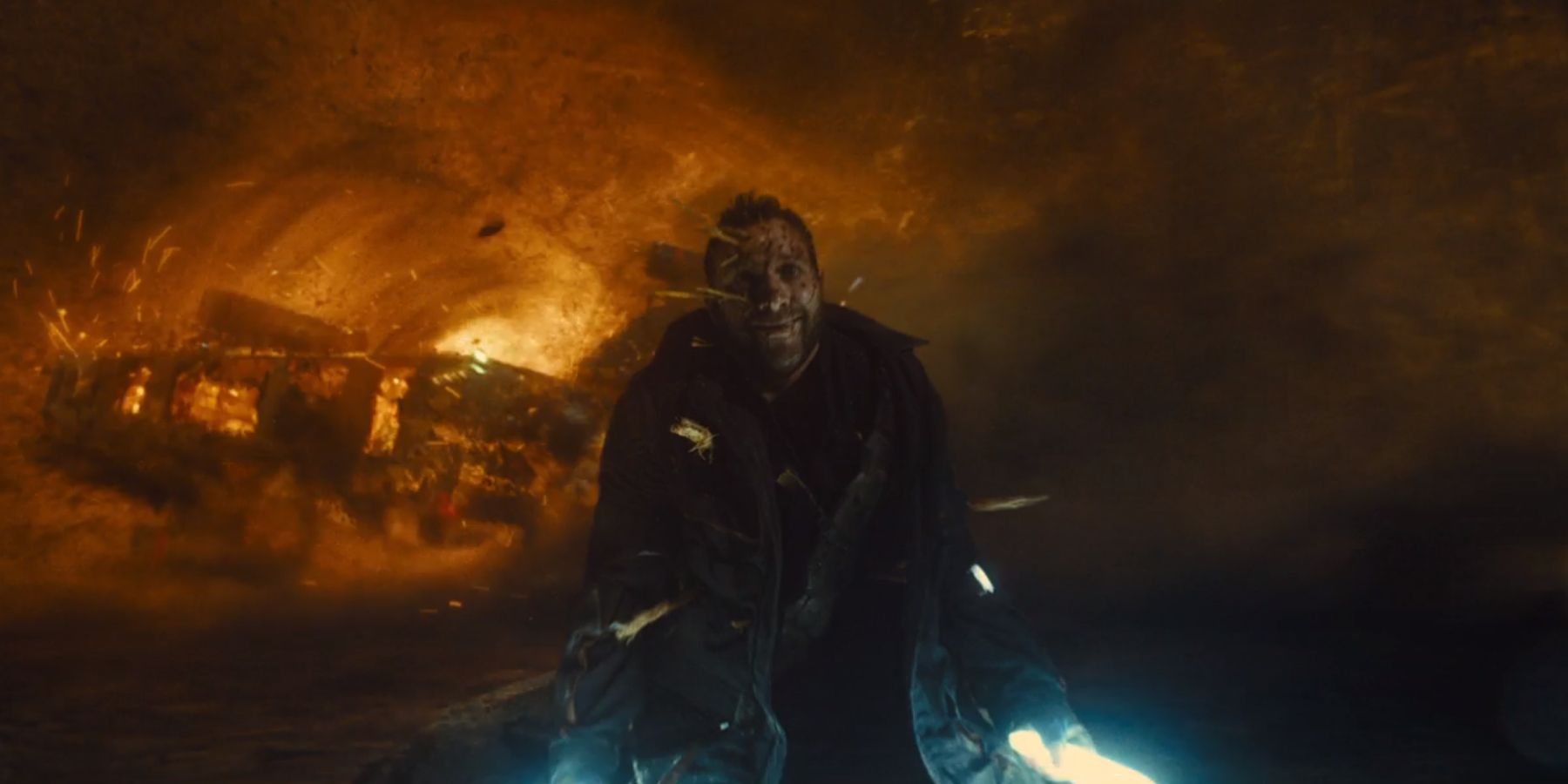 Captain Boomerang accepting his death by helicopter in James Gunn's The Suicide Squad
