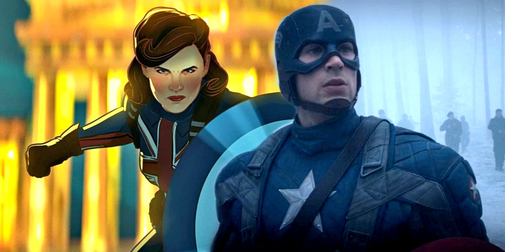 Blended image showing Captain Carter and Captain America in What If and The First Avenger