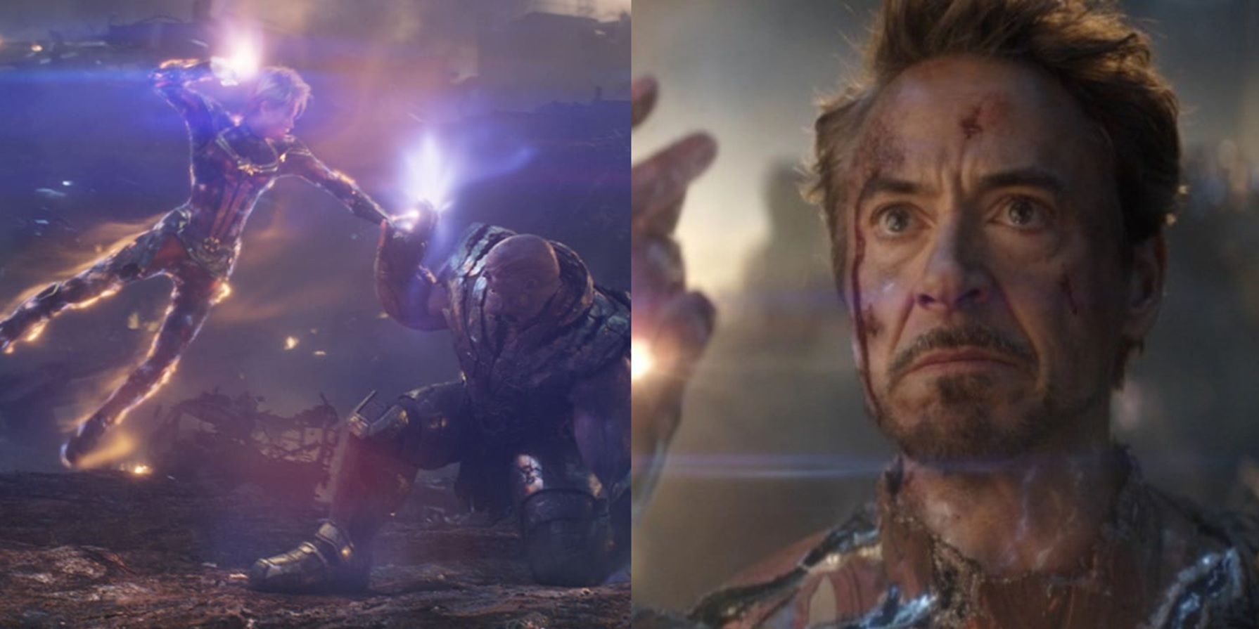 Captain Marvel fighting Thanos and Iron Man snapping his fingers in Avengers: Endgame