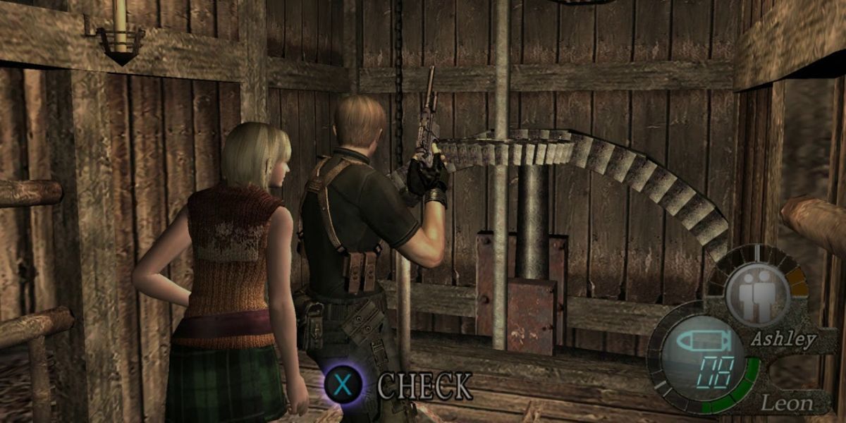 Ashley and Leon inspect a puzzle in a remote cabin in Resident Evil 4.
