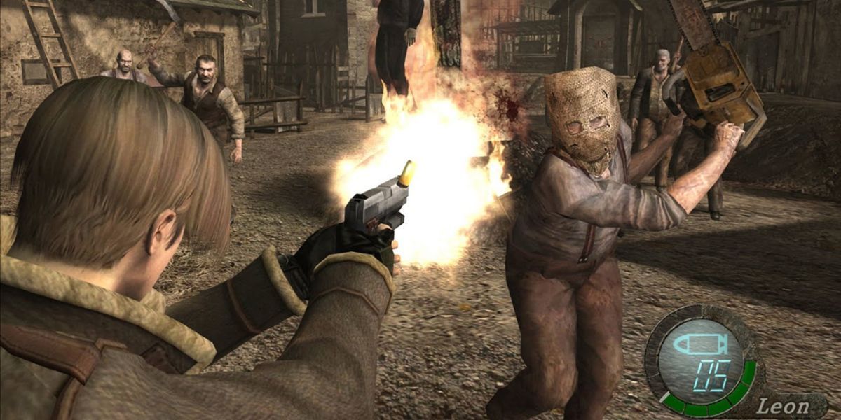 Leon engagin a Chainsaw Man in Resident Evil 4.