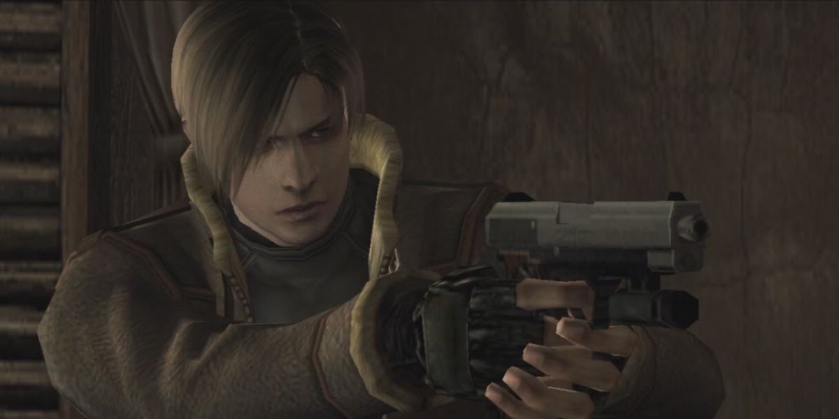 Leon draws his gun in a Resident Evil 4 cutscene.