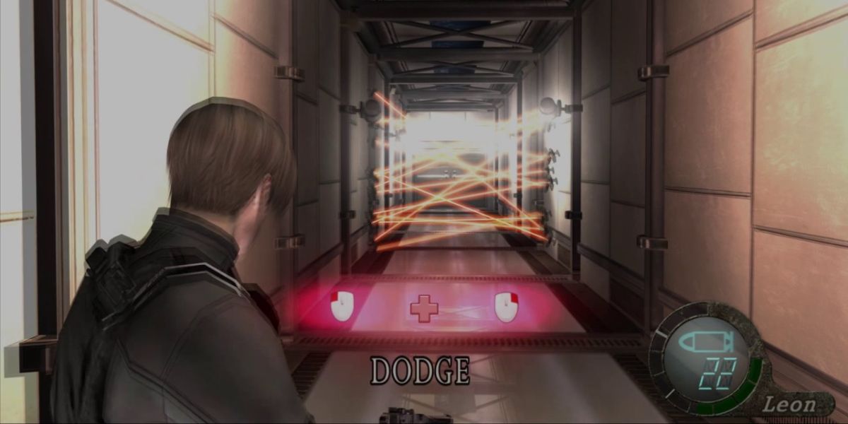 A QTE in the original RE4, with crossed lasers moving down a narrow hallway at Leon.