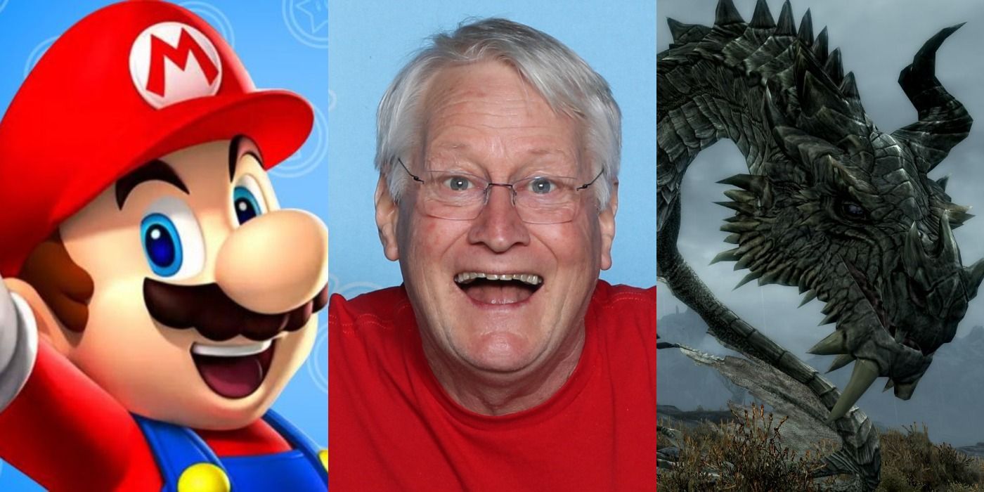 Split image showing Mario from Super Mario Bros, Charles Martinet, and Paarthurnax from Skyrim