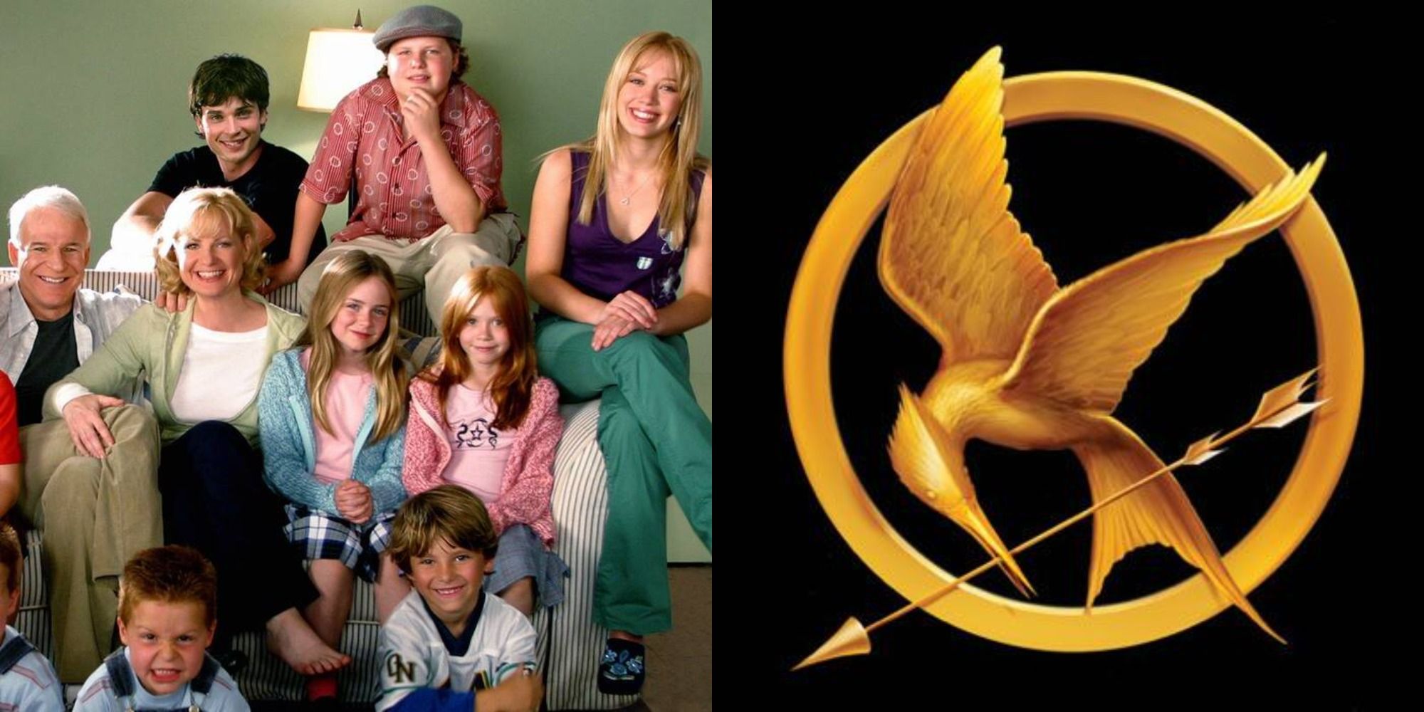 Split image showing the cast of Cheaper by the Dozen and the Hunger Games logo