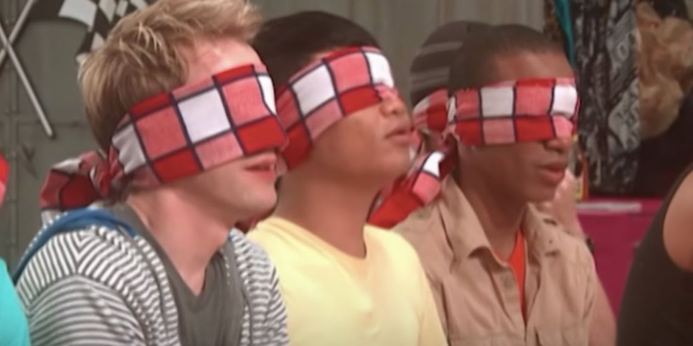 An image of blindfolded contestants on RuPaul's Drag Race