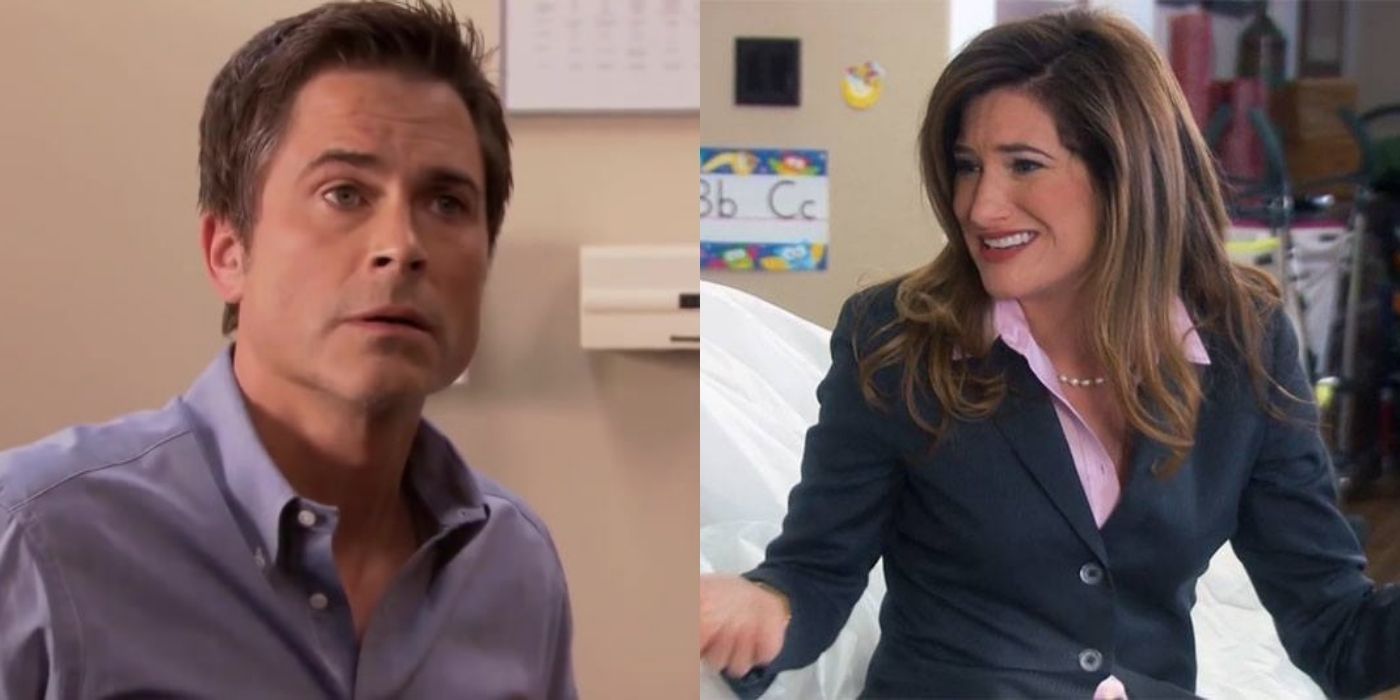 Chris and Jennifer side by side in two images from Parks and Recreation