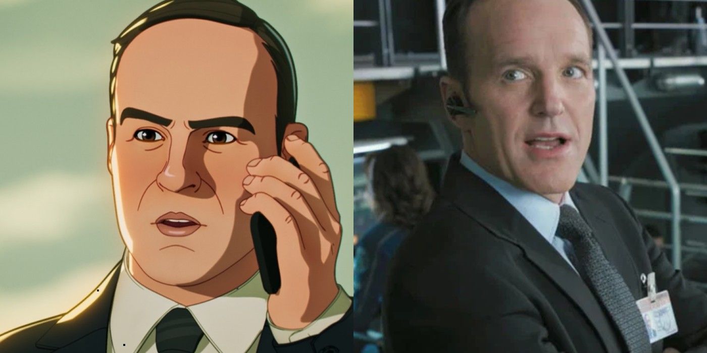 A split image of Agent Coulson on the phone in Marvel's What If...? and in The Avengers.