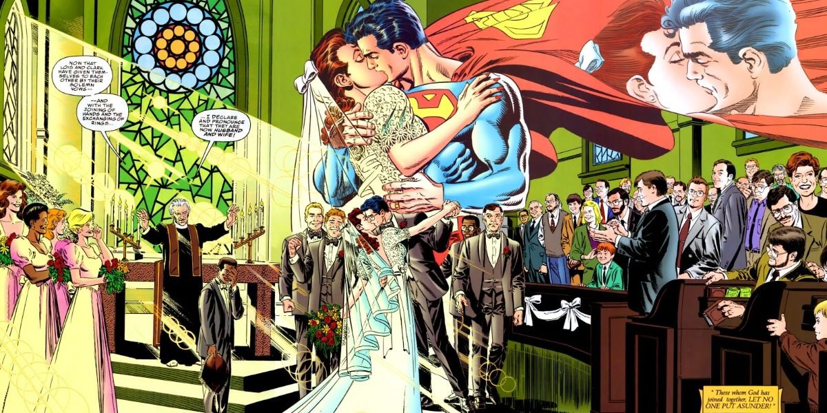 Clark and Lois get married as their friends look on.