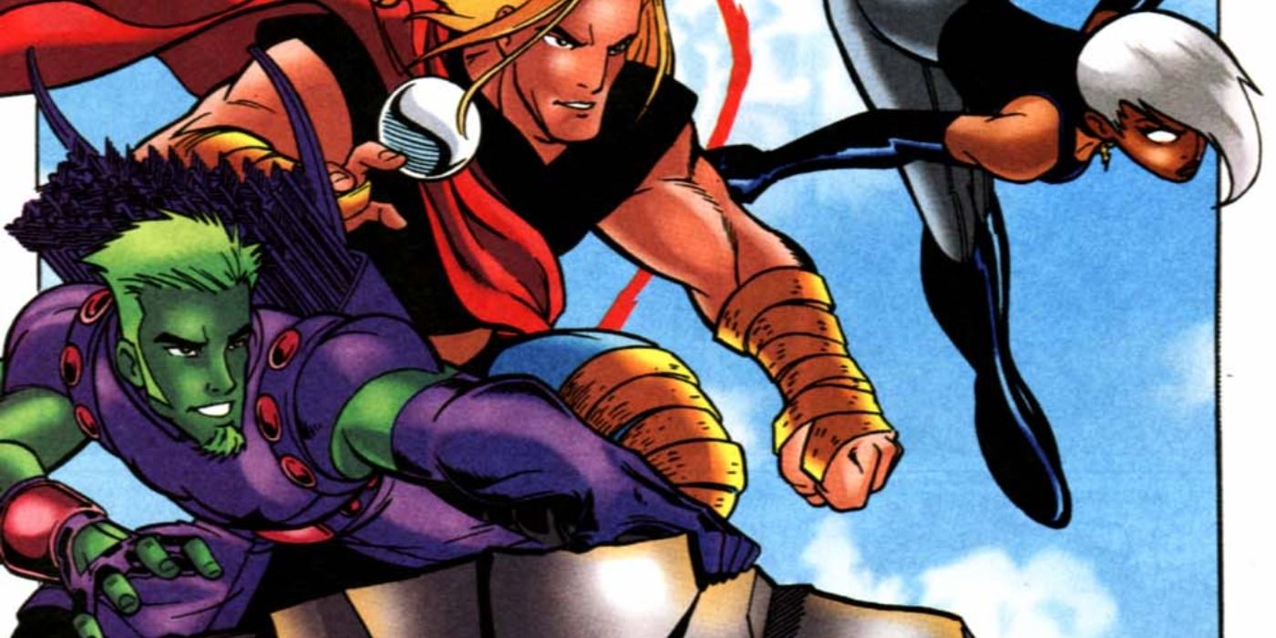 Clinton Barton Jr. Hawkeye flies into battle with Thor and Storm from What If? comics