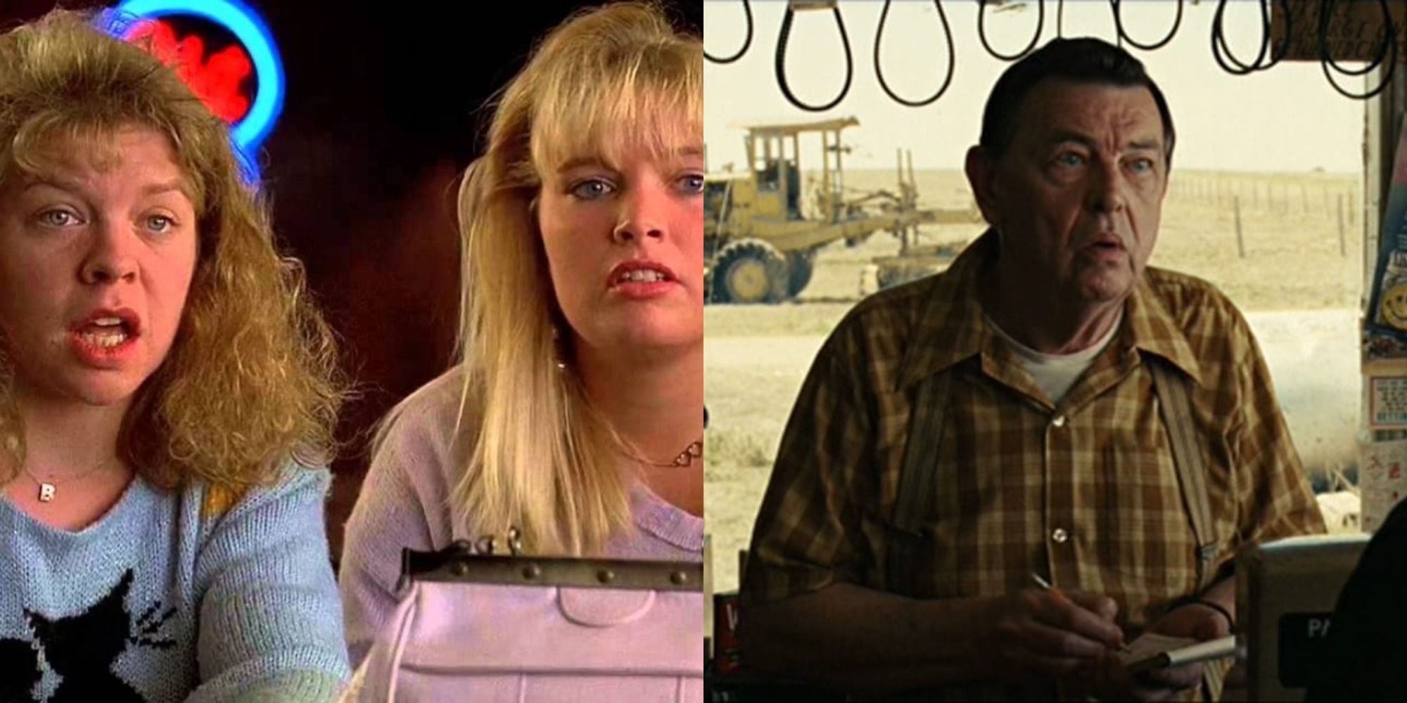 Split image of the bar women in Fargo and the store clerk in No Country for Old Men