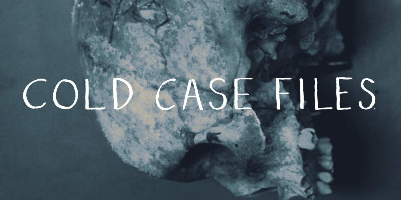 A banner for the A&E documentary Cold Case Files featuring the title over a human skull