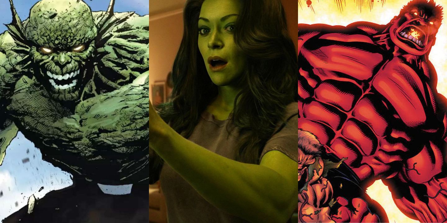 Split image of Abomination from Marvel Comics, She-Hulk from the MCU, and Red Hulk from Marvel Comics.