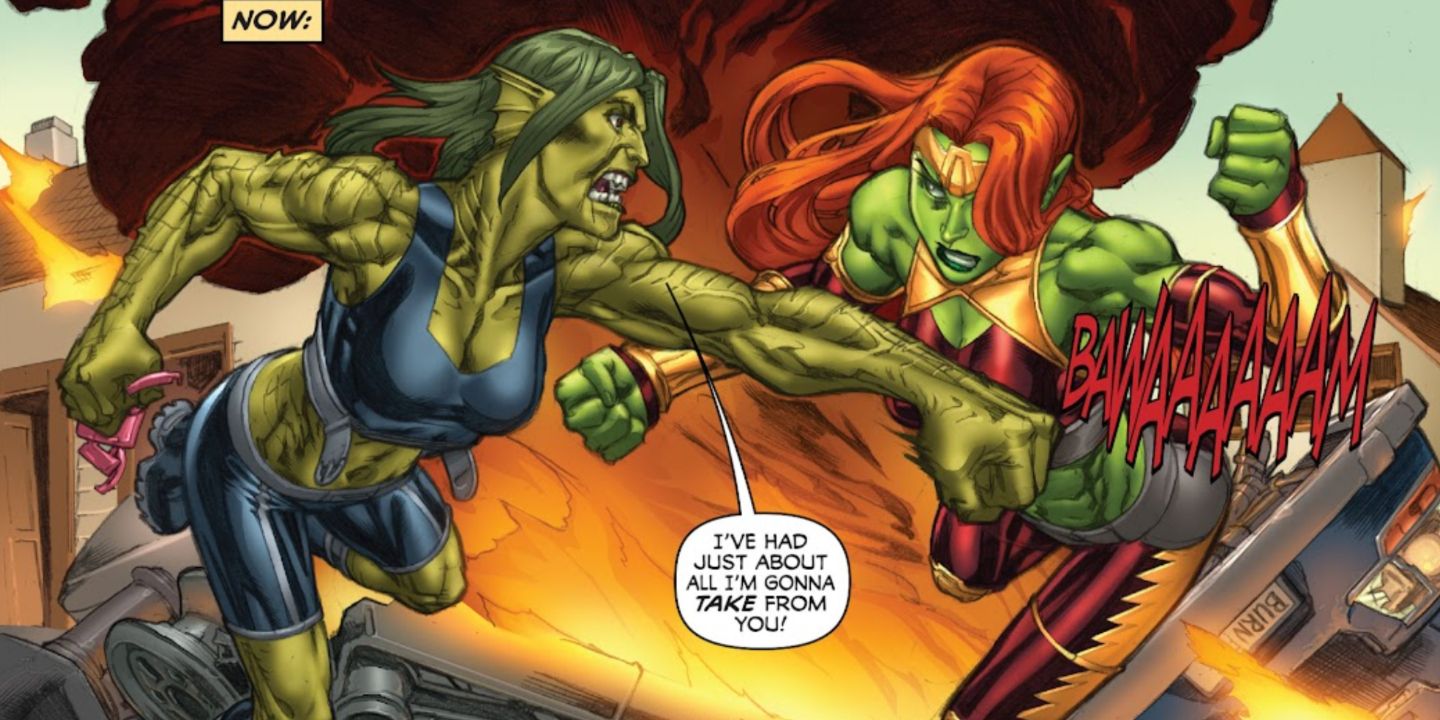 Aberration fights Lyra in Marvel Comics.
