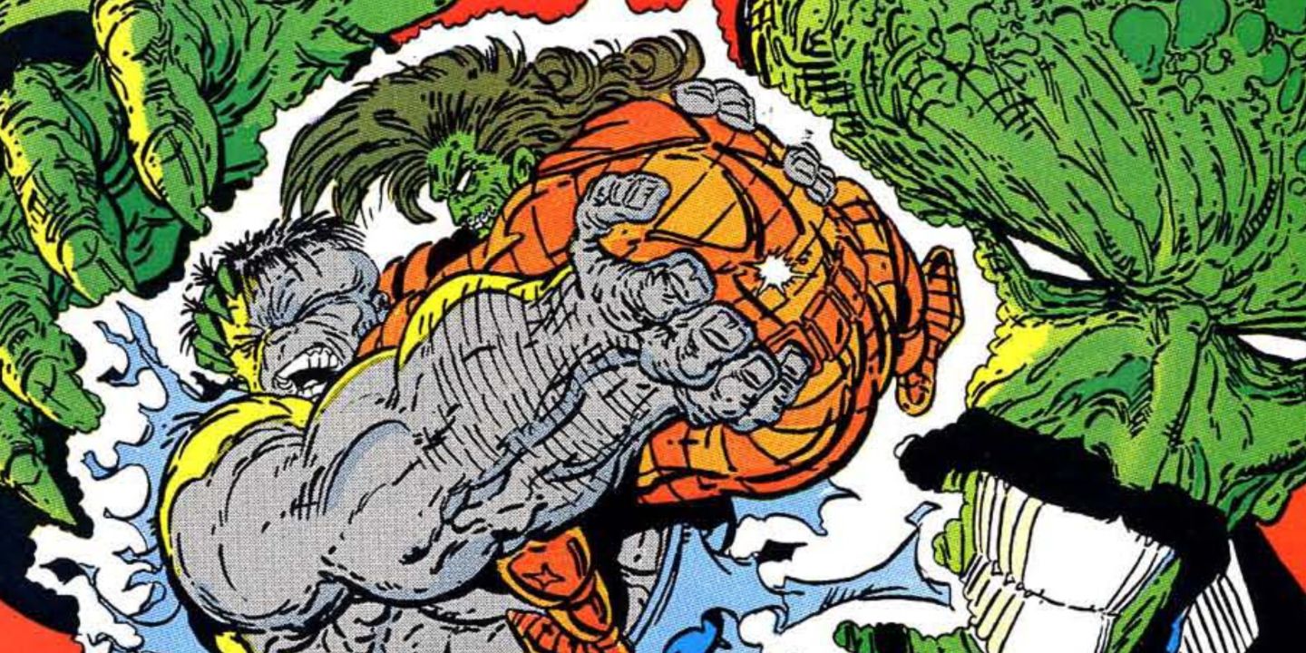 Gray Hulk fights Halflife in Marvel Comics.