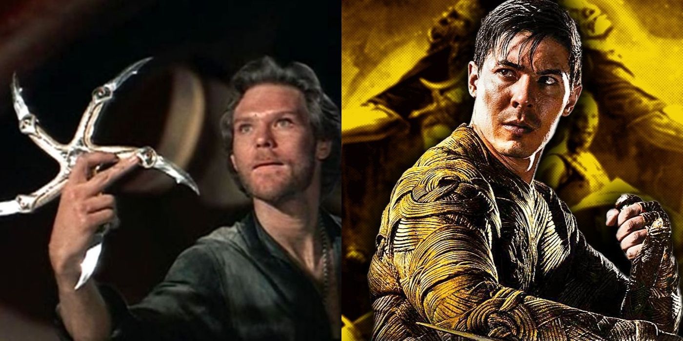 Split image of Colwyn holding the Glaive in a still from Krull and Cole Young wearing a golden armor in Mortal Kombat