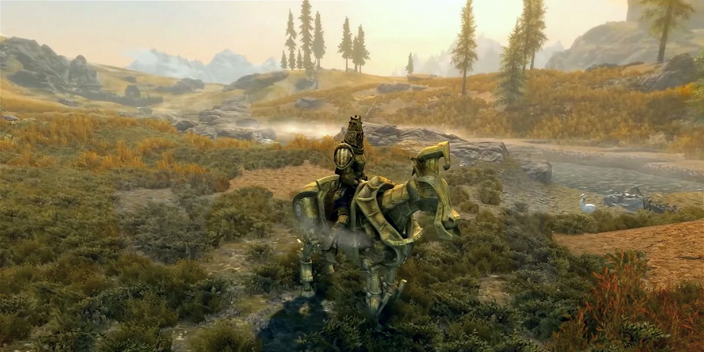 A character in full armor riding an automaton horse in Skyrim Anniversary Edition