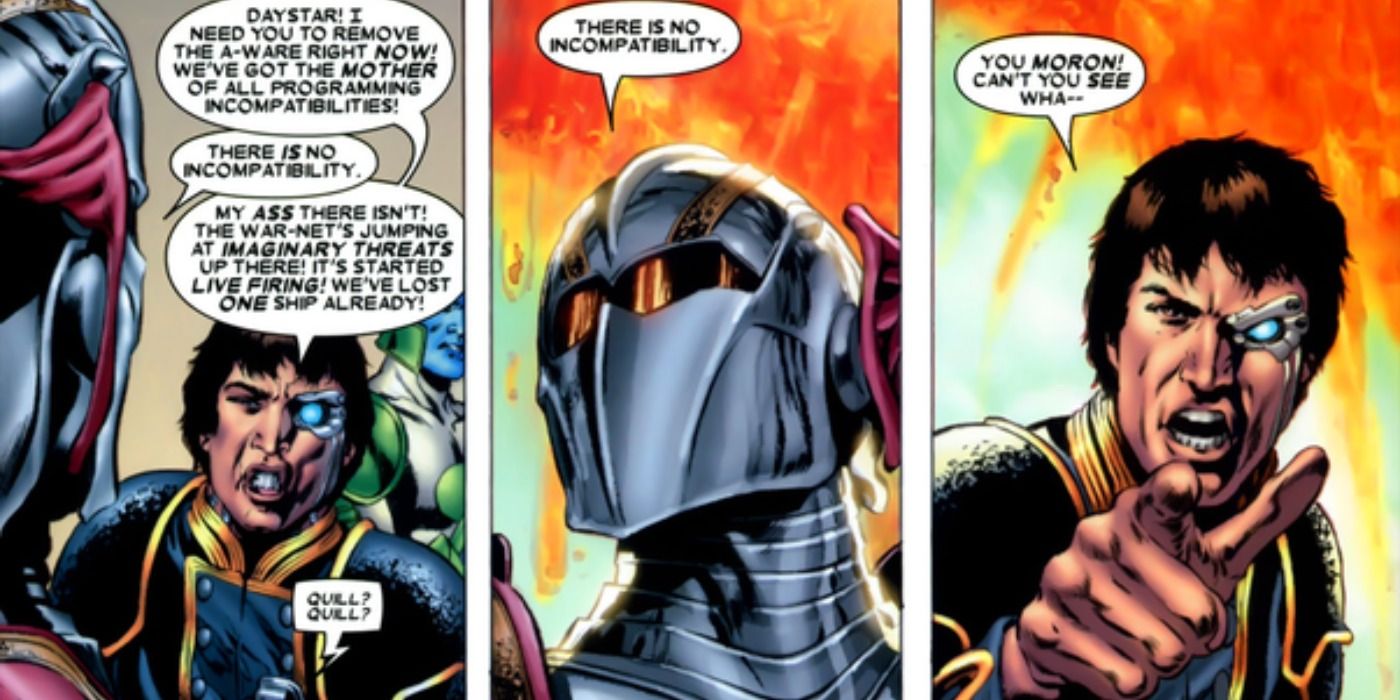 Cyborg Peter Quill confronts Daystar in Marvel Comics.