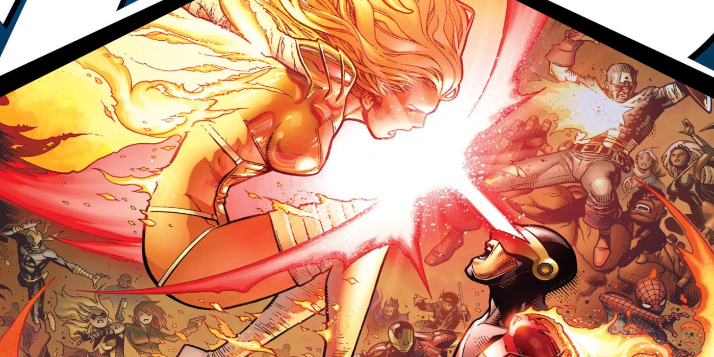 Cyclops blasts at a flying Emma Frost in Avengers vs. X-Men.