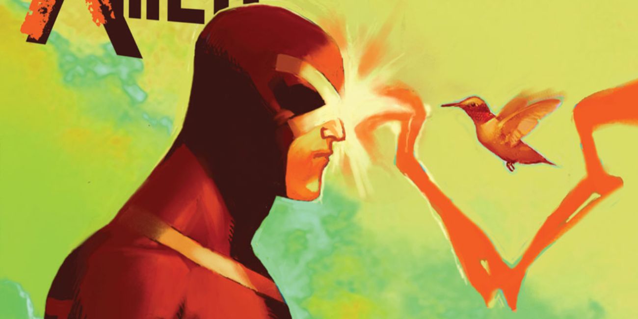 Cyclops fires an energy blast as a tiny bird flies in front of him.