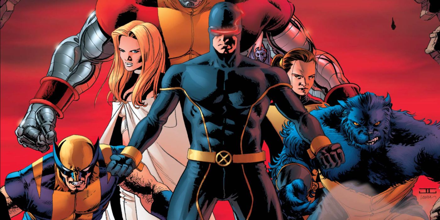 Cyclops stands in front of the X-men with his arms outstretched.