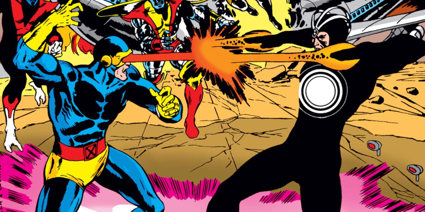 Cyclops shoots a laser from his eyes at Havok in a panel from Marvel Comics.