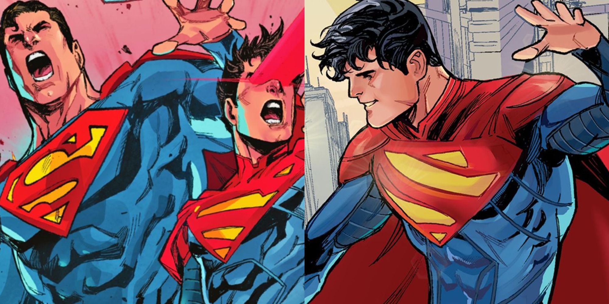 Split image showing Superman and Jon Kent, and Kon as Superman in DC Comics