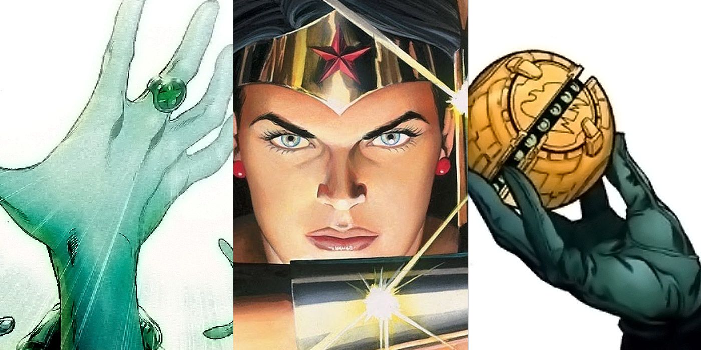 Split image of the Ring of Volthoom, Wonder Woman and a Black Canary Cry Bomb