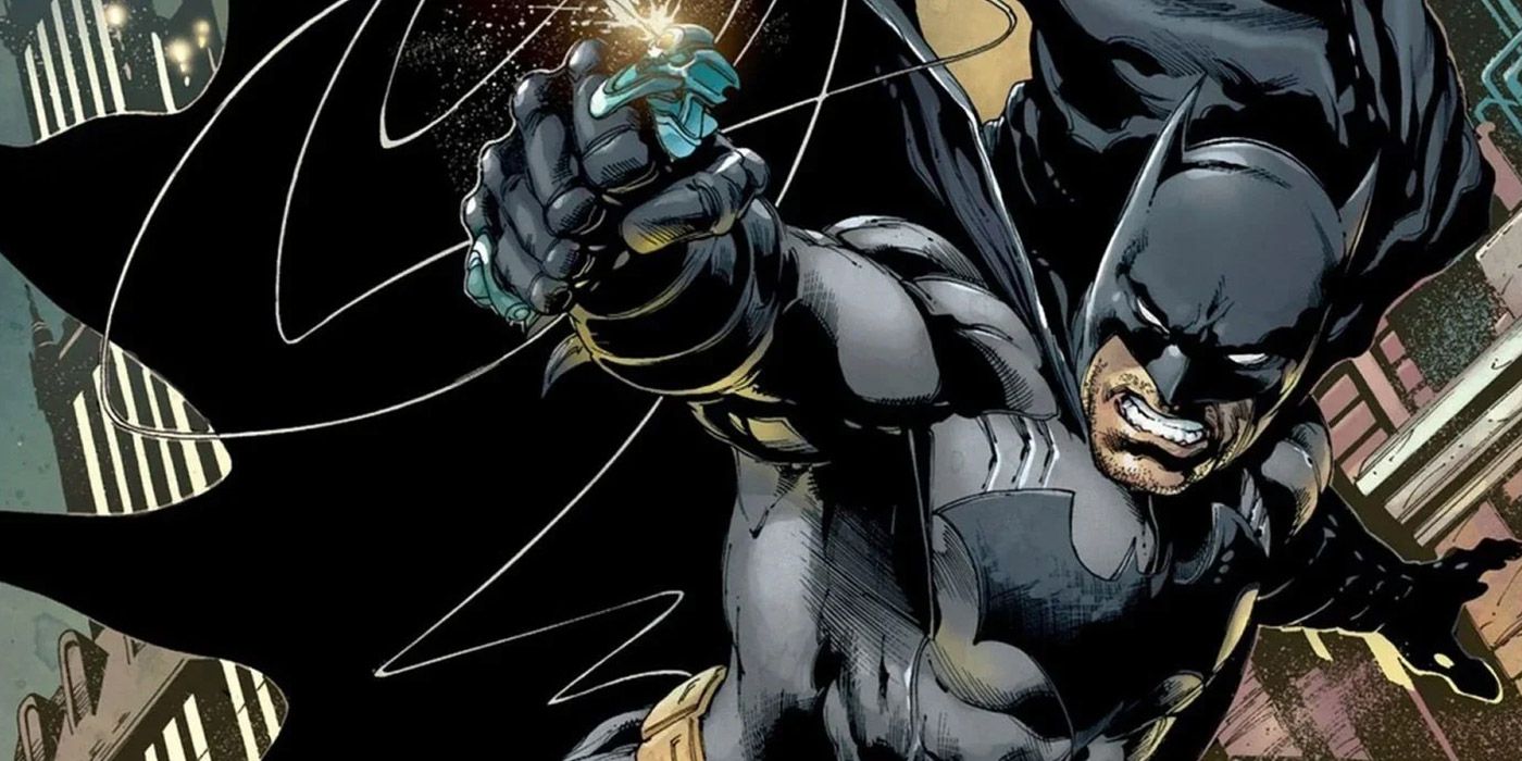 Batman fires his grappling gun in the comics