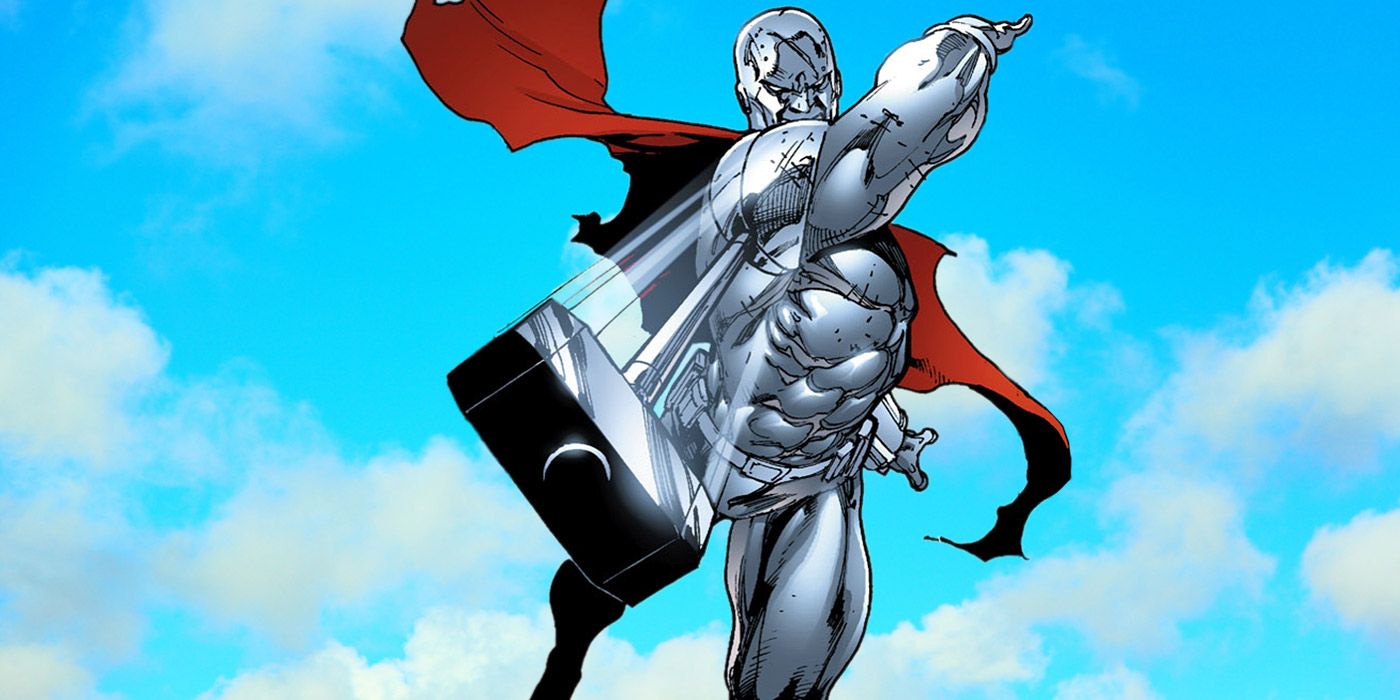 The superhero Steel throwing his kinetic hammer in the comics