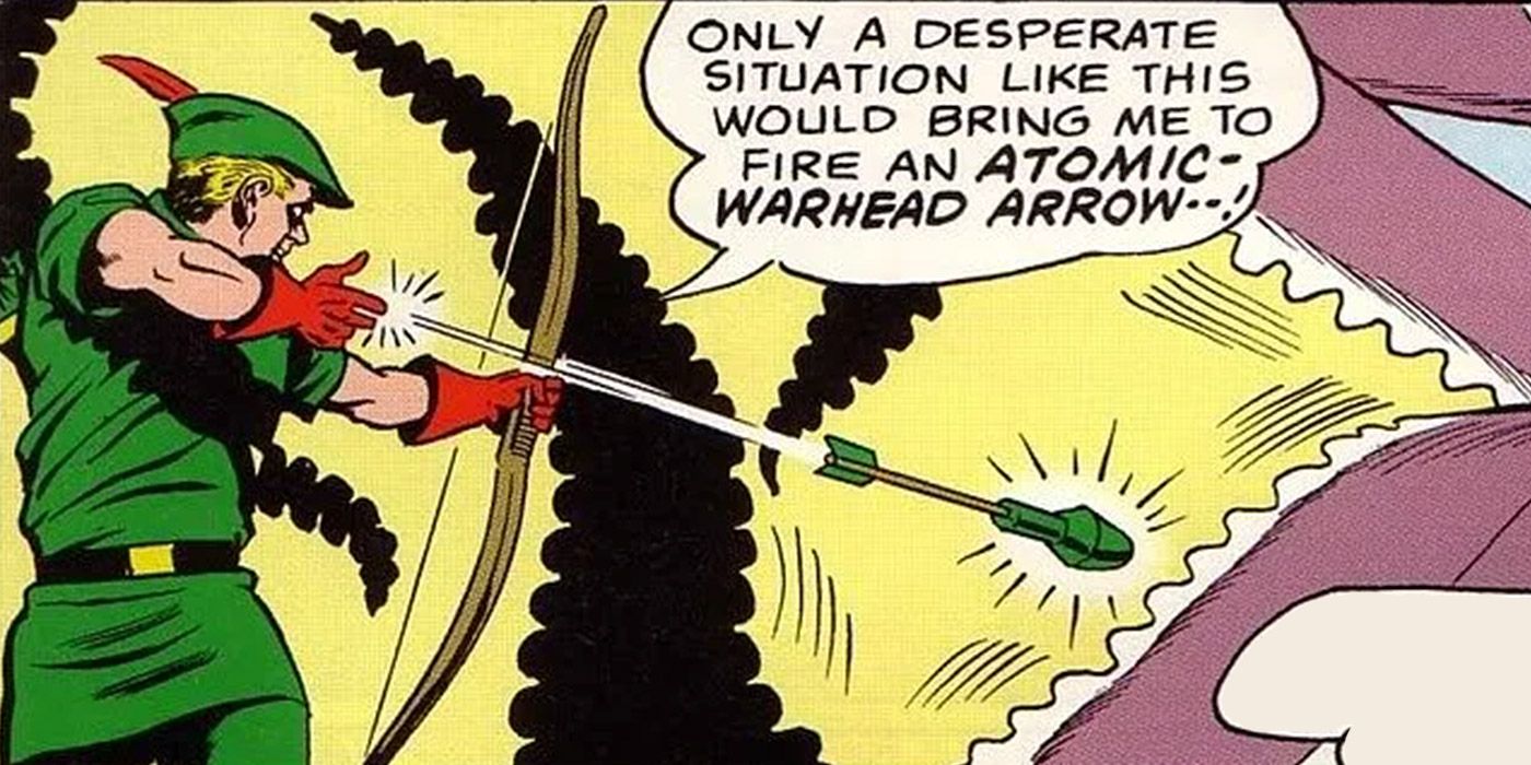 The Green Arrow readies a nuclear-tipped arrow as a last resort in the comics