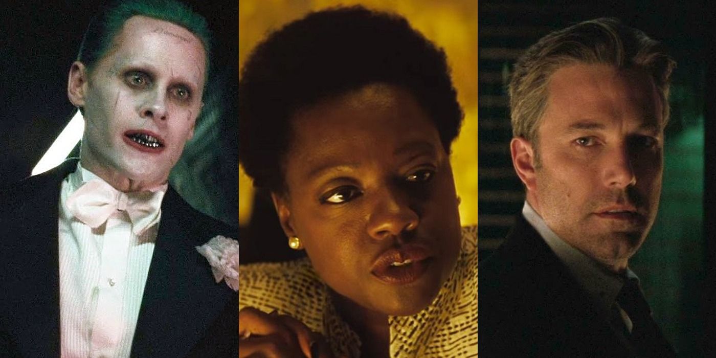 Split image of the Joker looking sad, Amanda Waller talking, and Bruce Wayne turns around in Suicide Squad