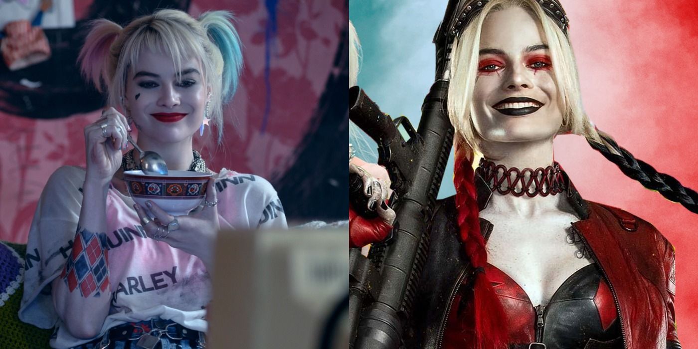 Split image: Harley Quinn watches TV/ Harley Quinn holds a bazooka