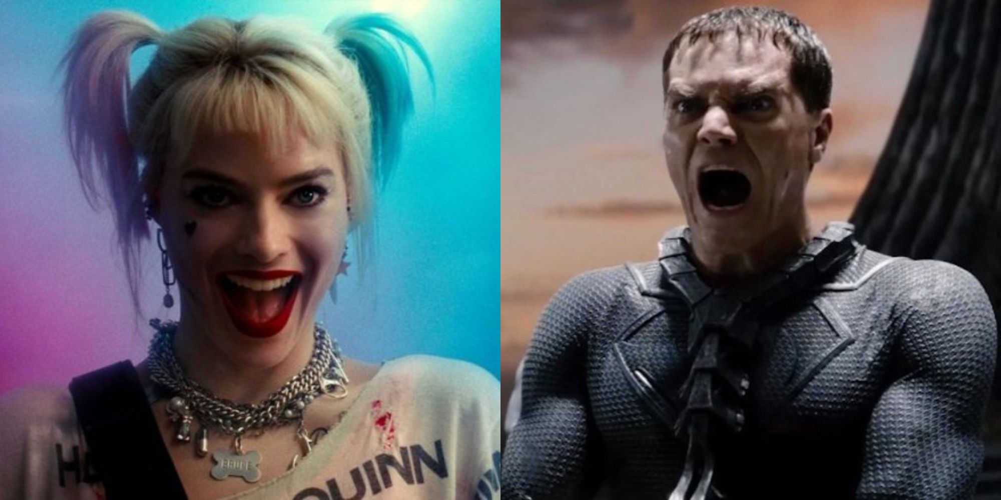 Split image showing Harley Quinn smiling in Birds of Prey and General Zod screaming in Man of Steel