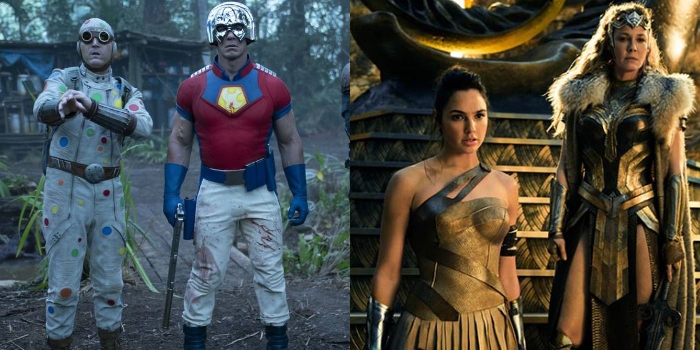 Split image: Peacemaker and Polka-Dot Man look worried/ Diana and Hippolyta look worried