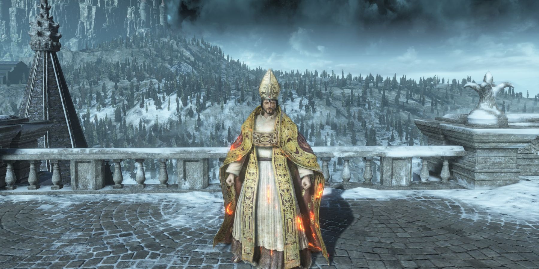 Player wearing the archdeacon set in Irithyll of the Borreal Valley in Dark Souls 3.