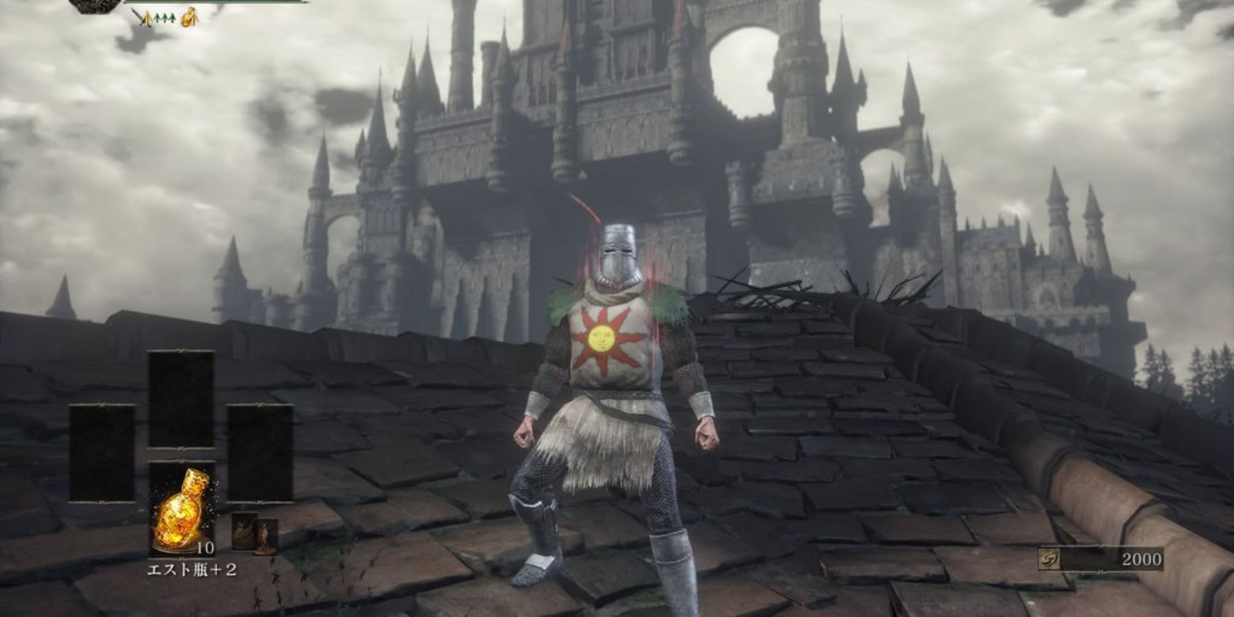 Player standing in a rooftop while wearing the Armor of the Sun set in Dark Souls 3.