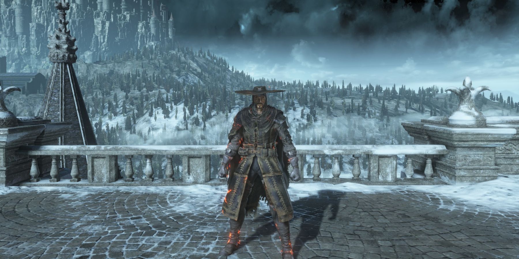 The player is wearing the Black Hand set in Irithyll in Dark Souls 3.