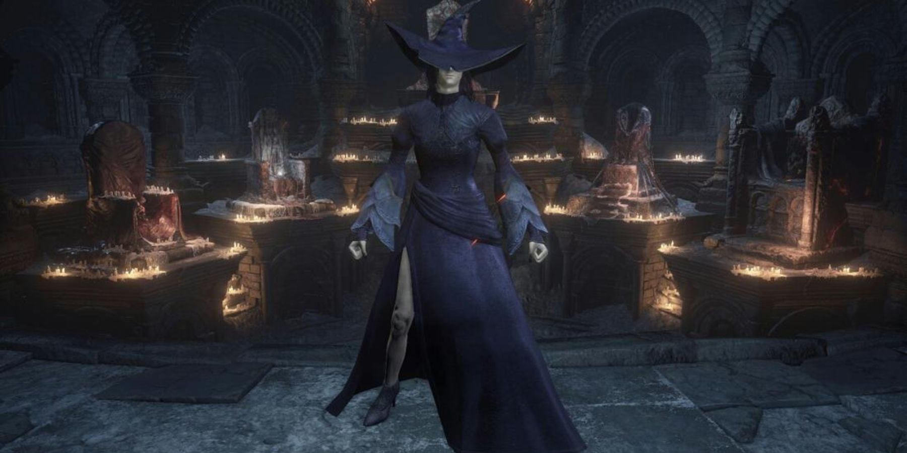 Player wearing the Black Witch Set in Firelink Shrine in Dark Souls 3.