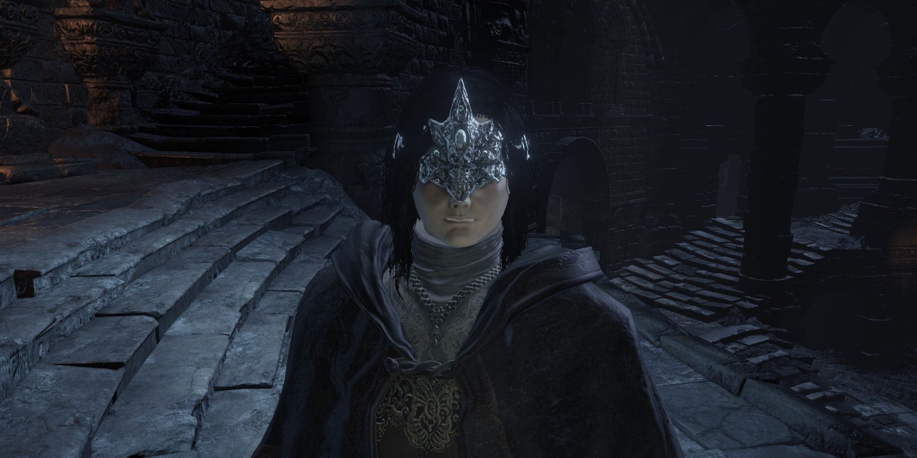 The player is wearing the firekeeper mask and robe in Dark Souls 3.