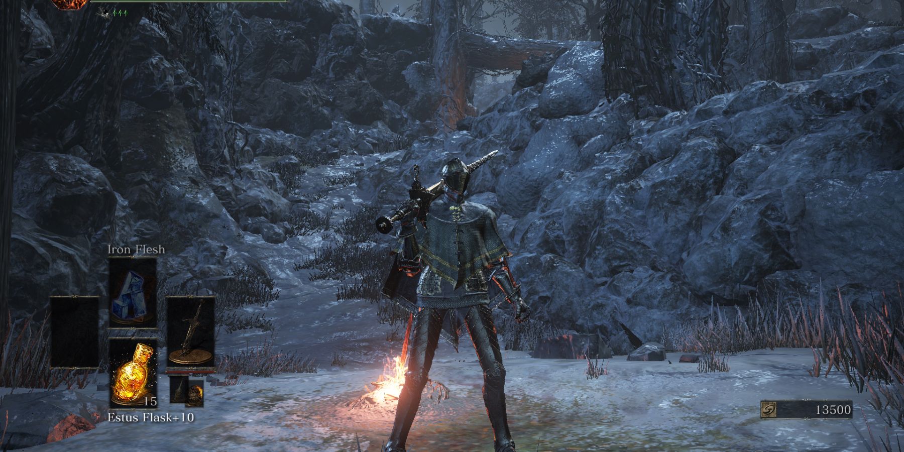 The player is standing next to a bonfire while wearing Vilhelm's set in Dark Souls 3.
