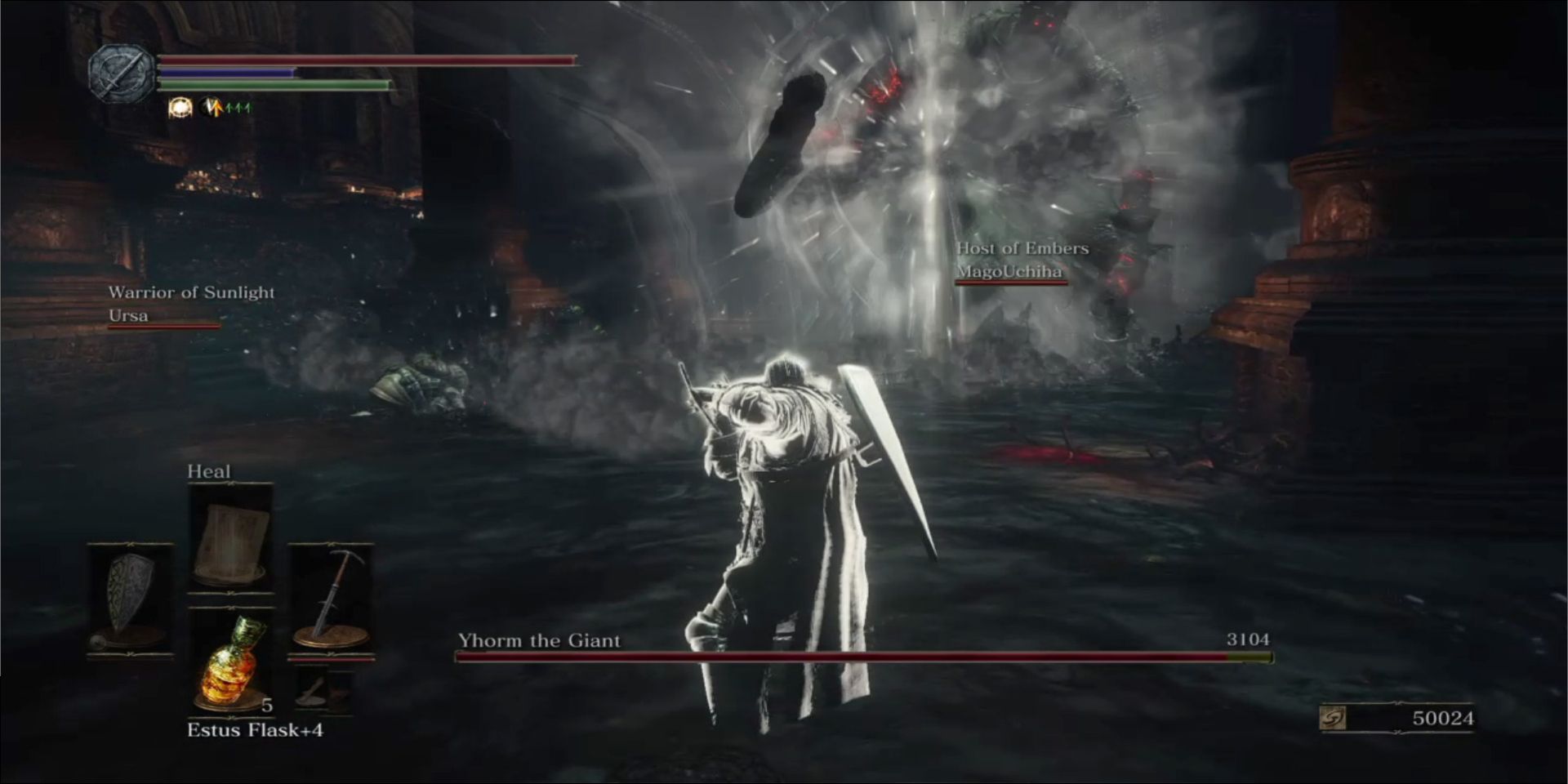 The boss battle against Yhorm the Giant in Dark Souls 3.