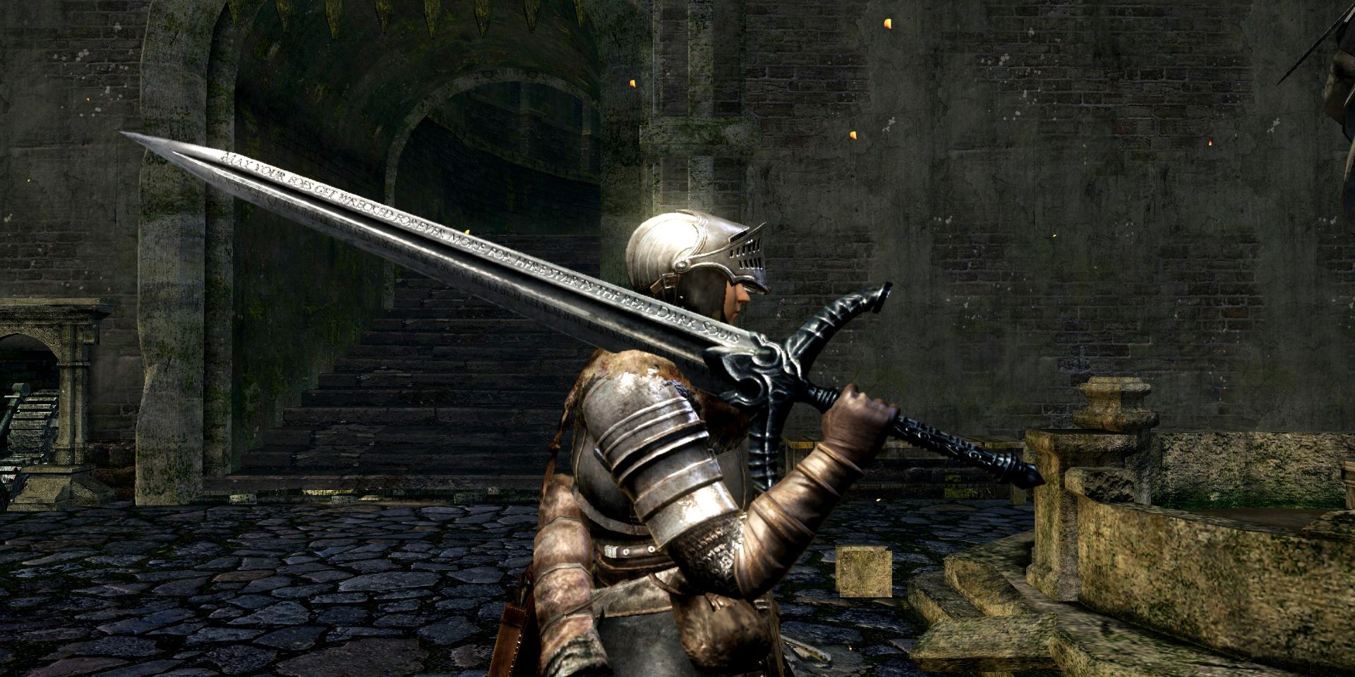Dark Souls player holding the Black Knight Sword.