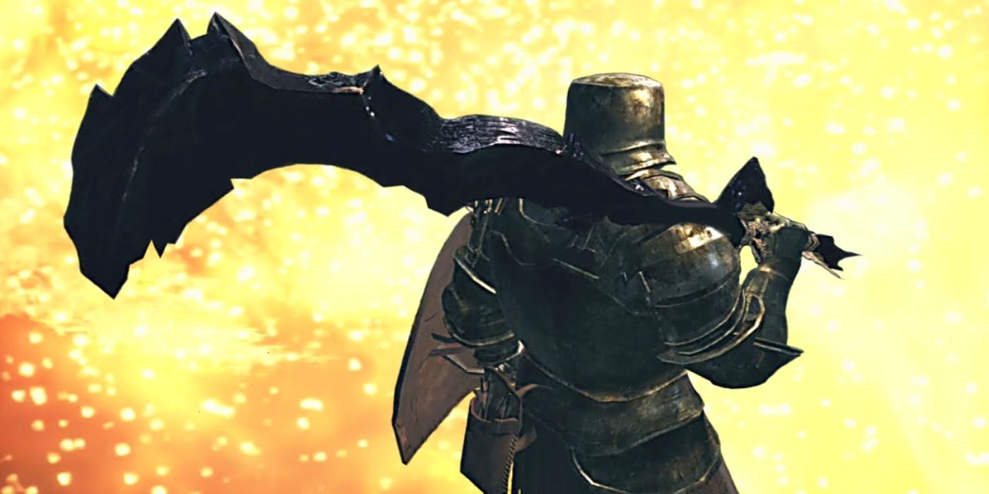 A player holding the Obsidian Greatsword in the Dark Souls video game.