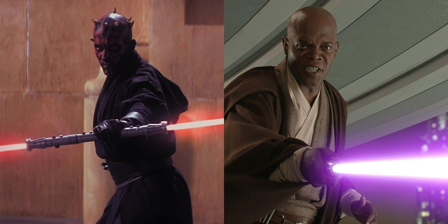 Split image of Darth Maul and Mace Windu brandishing their lightsabers in Star Wars: The Phantom Menace.